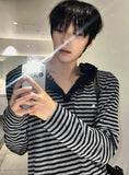 Hooded Stripe Henley Neck Long Sleeve