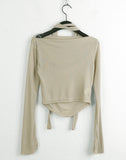 [Scarf set]  Kenin Shirring Pleated Off-Shoulder Crop Long Sleeve T-shirt