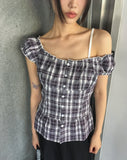Benha Check Puff Frill Sleeveless Blouse