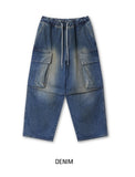 Poten Big Pocket Oil Washing Cargo Denim Pants