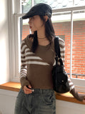Yally Unbalance Diagonal Button Stripe Knit