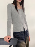Toss Ribbed Color Matching Round Crop Long Sleeve Cardigan