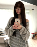 Curled Stripe Round Neck Loose Fit Long Sleeve Knit
