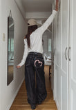 Heart pink stitch indigo denim pants