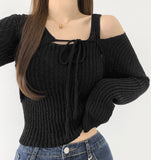 Rib Bolero Square Neck Sleeveless Knit Cardigan Two-piece Set