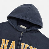 Navy Lettering Brushed Washing Hood Zip-Up