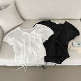 Summer Lace Pattern Puff Short Sleeve Ribbon Blouse