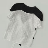 Petite Tie Puff Sleeve Crop Short Sleeve Blouse