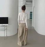 Color Matching Banding Side Zipper Pintuck Wide Slacks Pants
