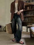 Deep blue washing wide denim