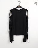 Nond Ribbon Slit Ribbed Brushed Long Sleeve T-shirt