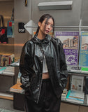Seri glossy crack leather hoodie field jacket