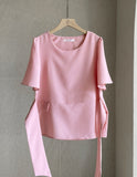 Eju Round Ribbon Strap Short Sleeve Blouse