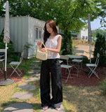 Non Fade Cooling Summer Thin Banding Wide Raw Denim Pants