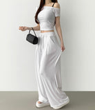 One Off-Shoulder T-shirt Two Pin Tuck Maxi Wide Pants Two Piece Set