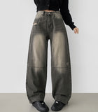 Unique Cut Line Damage Point Balloon Wide Denim Pants