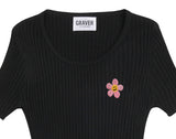 Pink Flower Dot Embroidery Crop Short Sleeve Knit