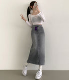 Sand Washed Body Cover Denim Long Skirt