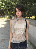 Peril See-through Ribbon Check Unbalance Blouse
