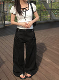Demin Flower Ribbon Puff Short Sleeve T-Shirt