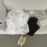 Lace Sleeveless Wrinkle Loose Fit Shirt Scrunchie Three-Piece Set