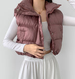 Glossy High Neck Trendy Pom Pom Crop Vest Padding