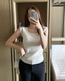 Ezha Square Neck Shirring Cap Sleeve Knit