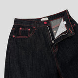 Raw Unique Red Stitch Heart Point Embroidery Wide Denim Pants