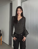 Odd Snap Deep V-Neck Stripe Long Sleeve