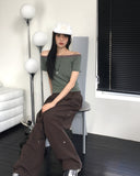 Rutot Stripe Color Matching Off-Shoulder Short-Sleeved T-Shirt