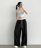 Summer rustling color matching detail wide banding pants