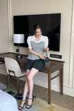 Sweet Seersucker Check Collar Puff Blouse