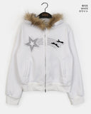 [Brushed Lining] Petol Ribbon Star Two-Way Fur Hood Zip-Up