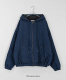 [unisex] Mitaki two-way quilting stripe denim hood zip-up jumper