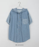 Rinta Stripe Color Matching Denim Hood Short Sleeve Shirt