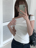 Nob Shirring Off-shoulder Ribbon Short Sleeve T-shirt