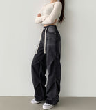 Knee Side Pin Tuck Balloon Waist Adjustment Wide Fit Denim Pants