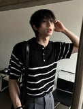 V-in stripe button collar short sleeve knit
