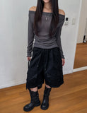 Ruffle see-through shirring drape long sleeve