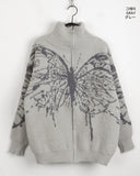 Nopel Vintage Butterfly Angora High Neck Long Sleeve Cardigan Zip Up