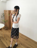 Atin Check Chiffon Lace Ribbon Midi Skirt