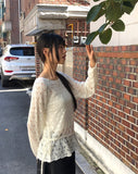 Ui punching ribbon strap round neck see-through long-sleeved knit