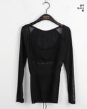 Petitron see-through ribbon strap long sleeve blouse