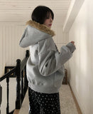 America Dirty Printing Brushed Fur Hood Zip-Up