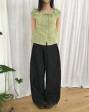 Dad side pin tuck snap button wide long denim pants