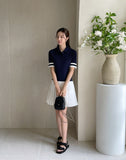 Delun Color Matching Collar Pleated Banding One Piece