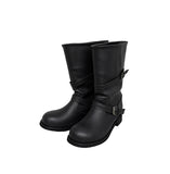 Two-Buckle Shirred Biker Boots