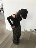 Block Unbalance Off Shoulder Shirred Long Sleeve Tee