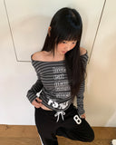 Muang Stripe Print One-Off Shoulder Long Sleeve T-Shirt
