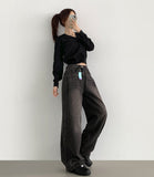 Side Tape Cut Line Brushed Balloon Wide Denim Pants